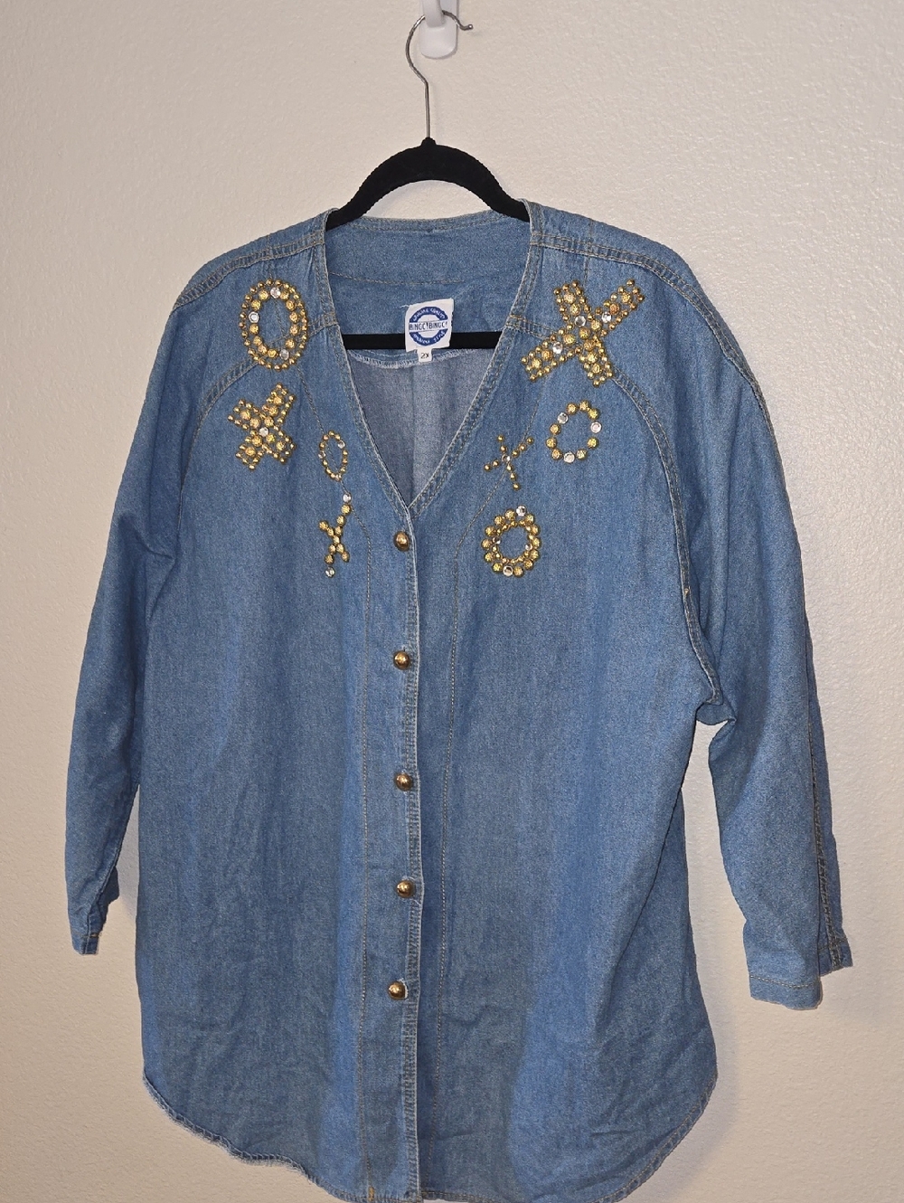 Embellished Blue Denim Button-Front Shirt with Gold Accents